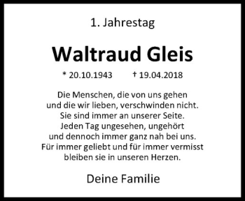 Anzeige von Waltraud Gleis von Westfälische Nachrichten