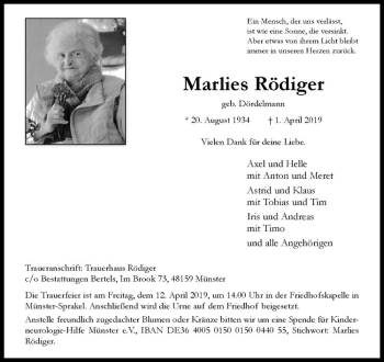 Anzeige von Marlies Rödiger von Westfälische Nachrichten