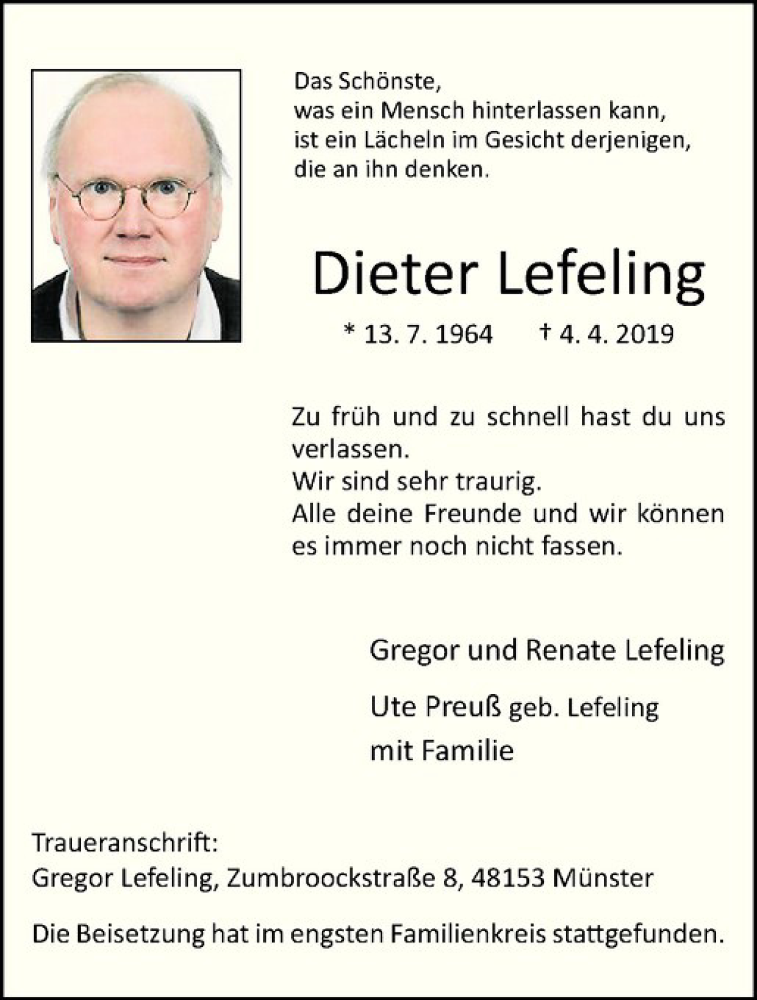  Traueranzeige für Dieter Lefeling vom 27.04.2019 aus Westfälische Nachrichten
