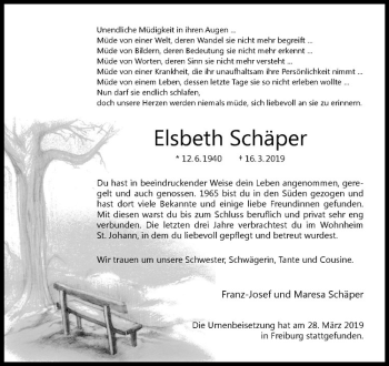 Anzeige von Elsbeth Schäper von Westfälische Nachrichten