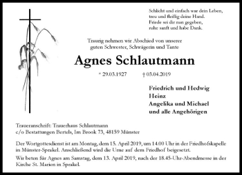 Anzeige von Agnes Schlautmann von Westfälische Nachrichten