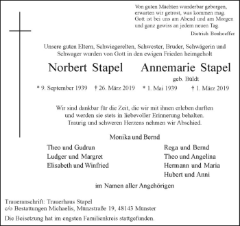 Anzeige von Annemarie Stapel von Westfälische Nachrichten