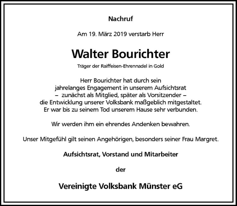  Traueranzeige für Walter Bourichter vom 30.03.2019 aus Westfälische Nachrichten
