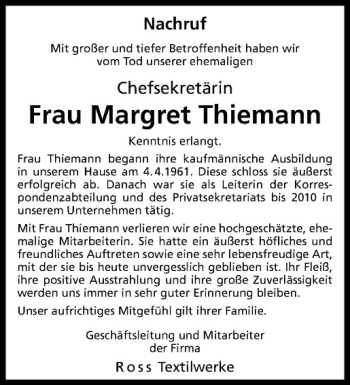 Anzeige von Margret Thiemann von Westfälische Nachrichten