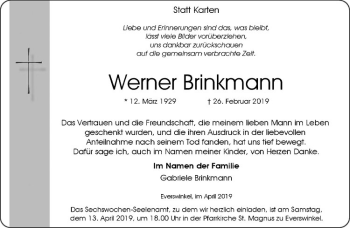 Anzeige von Werner Brinkmann von Westfälische Nachrichten