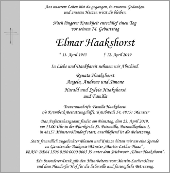 Anzeige von Elmar Haakshorst von Westfälische Nachrichten