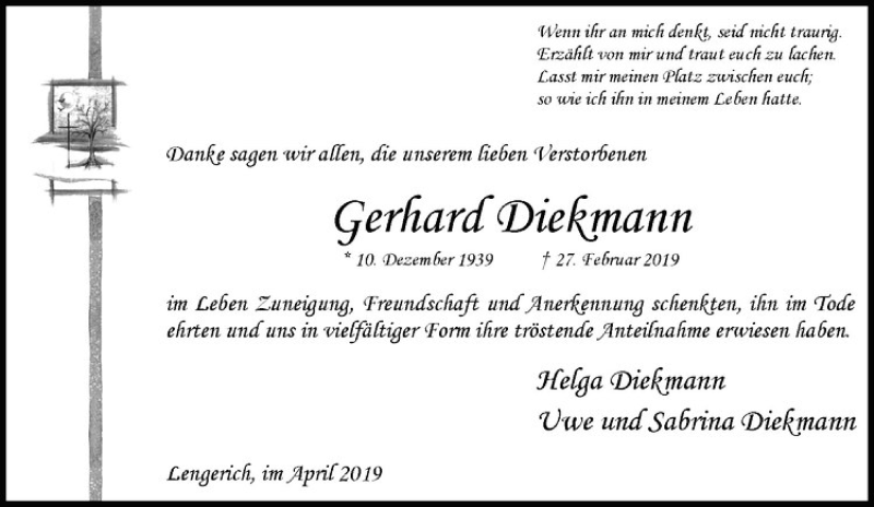  Traueranzeige für Gerhard Diekmann vom 10.04.2019 aus Westfälische Nachrichten