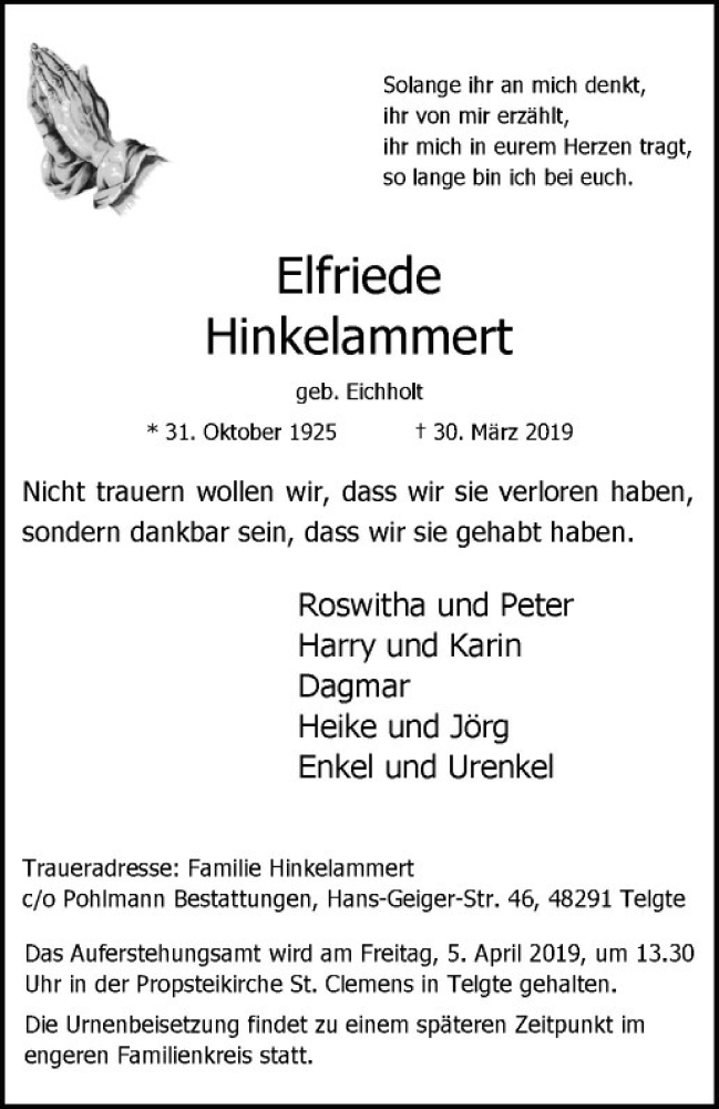  Traueranzeige für Elfriede Hinkelammert vom 03.04.2019 aus Westfälische Nachrichten