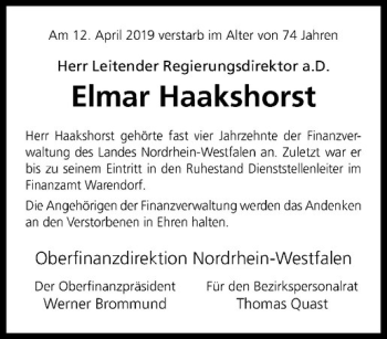 Anzeige von Elmar Haakshorst von Westfälische Nachrichten