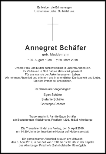 Anzeige von Annegret Schäfer von Westfälische Nachrichten