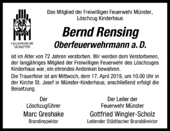 Anzeige von Bernd Rensing von Westfälische Nachrichten