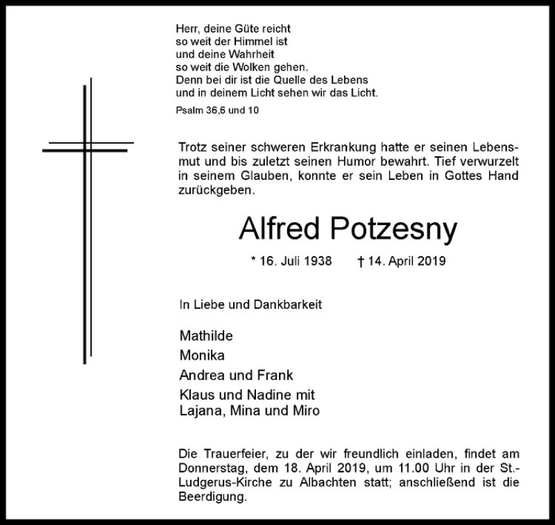  Traueranzeige für Alfred Potzesny vom 16.04.2019 aus Westfälische Nachrichten