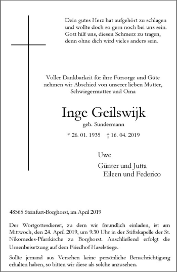Anzeige von Inge Geilswijk von Westfälische Nachrichten