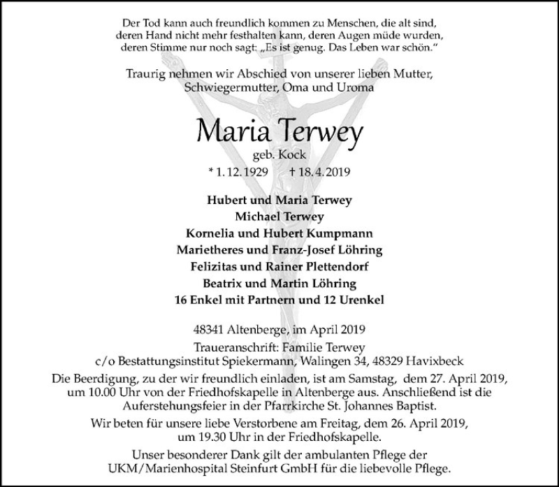  Traueranzeige für Maria Terwey vom 24.04.2019 aus Westfälische Nachrichten