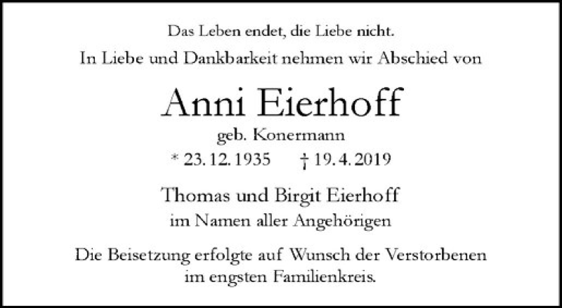  Traueranzeige für Anni Eierhoff vom 27.04.2019 aus Westfälische Nachrichten