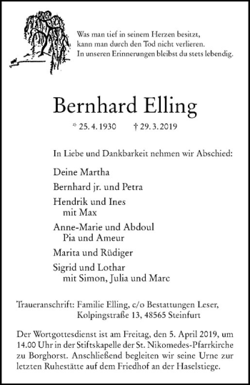 Anzeige von Bernhard Elling von Westfälische Nachrichten