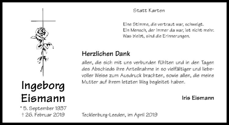  Traueranzeige für Ingeborg Eismann vom 13.04.2019 aus Westfälische Nachrichten