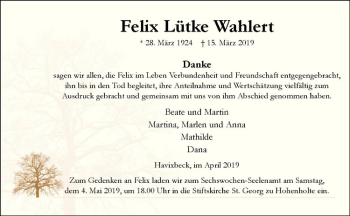 Anzeige von Felix Lütke Wahlert von Westfälische Nachrichten