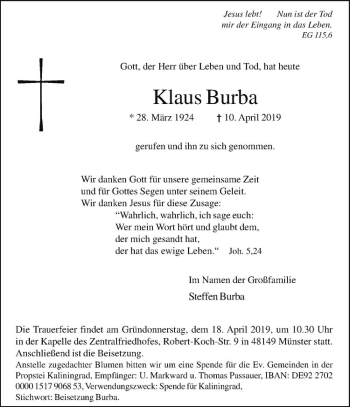 Anzeige von Klaus Burba von Westfälische Nachrichten