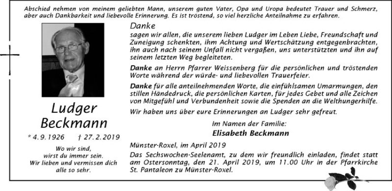  Traueranzeige für Ludger Beckmann vom 13.04.2019 aus Westfälische Nachrichten