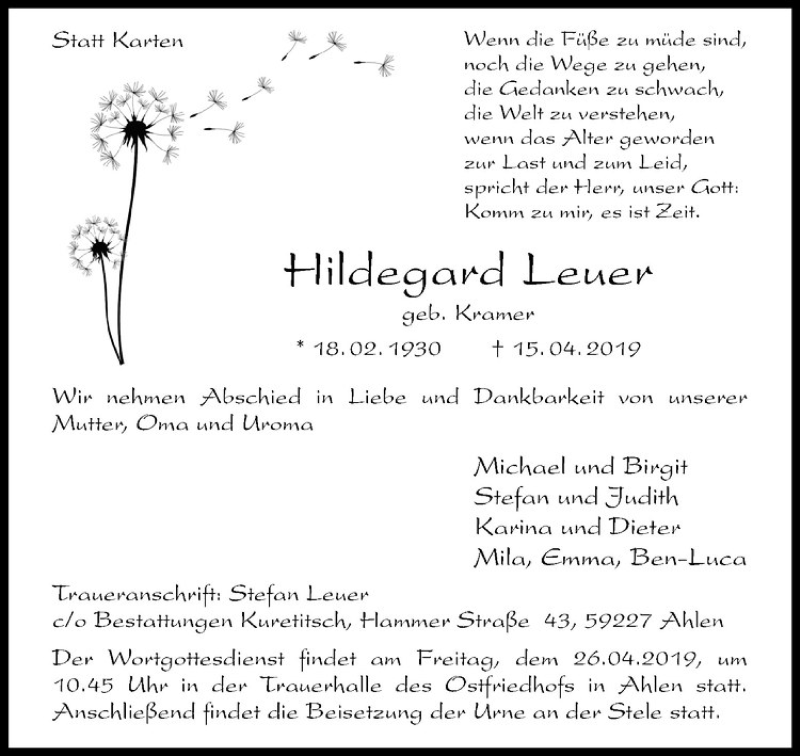 Traueranzeige für Hildegard Leuer vom 19.04.2019 aus Westfälische Nachrichten