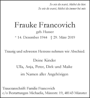 Anzeige von Frauke Francovich von Westfälische Nachrichten