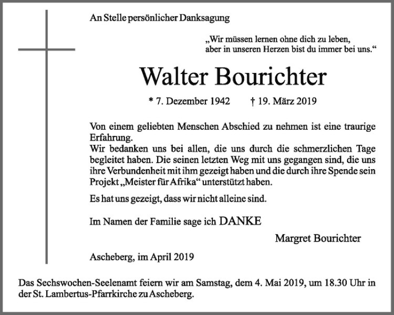  Traueranzeige für Walter Bourichter vom 27.04.2019 aus Westfälische Nachrichten