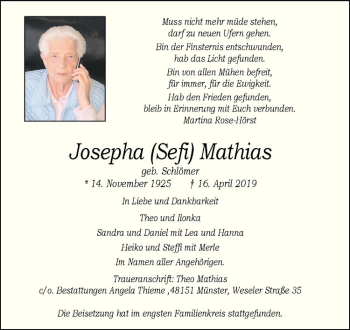 Anzeige von Josepha Mathias von Westfälische Nachrichten