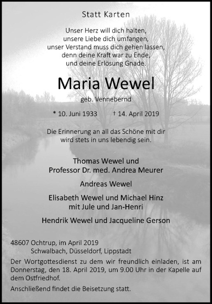  Traueranzeige für Maria Wewel vom 17.04.2019 aus Westfälische Nachrichten