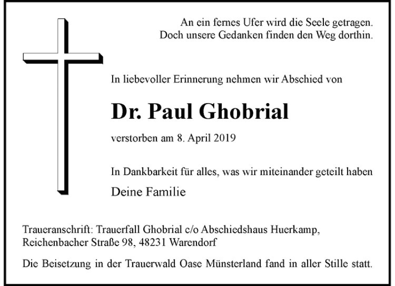  Traueranzeige für Paul Ghobrial vom 27.04.2019 aus Westfälische Nachrichten