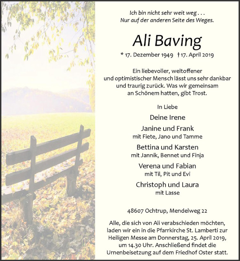  Traueranzeige für Ali Baving vom 19.04.2019 aus Westfälische Nachrichten