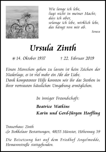 Anzeige von Ursula Zinth von Westfälische Nachrichten
