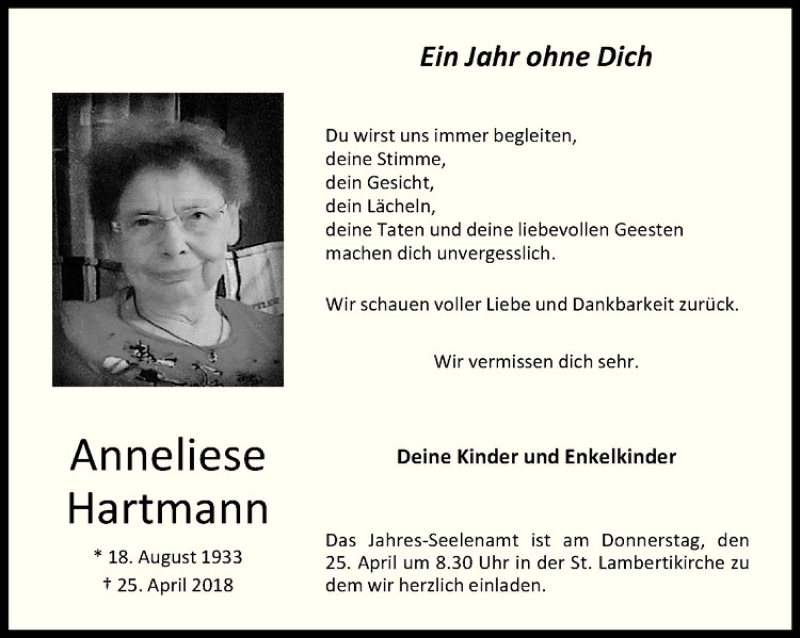  Traueranzeige für Anneliese Hartmann vom 19.04.2019 aus Westfälische Nachrichten