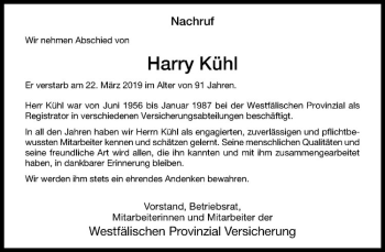 Anzeige von Harry Kühl von Westfälische Nachrichten