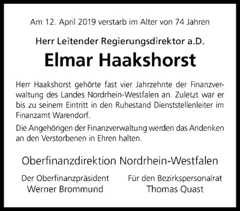  Traueranzeige für Elmar Haakshorst vom 27.04.2019 aus Westfälische Nachrichten