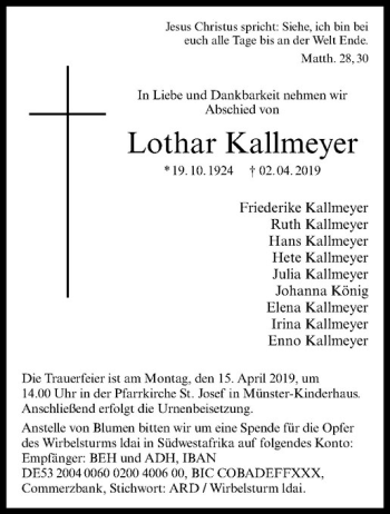 Anzeige von Lothar Kallmeyer von Westfälische Nachrichten