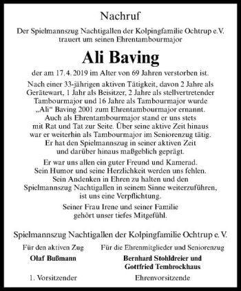 Anzeige von Ali Baving von Westfälische Nachrichten