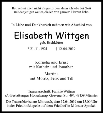 Anzeige von Elisabeth Wittgen von Westfälische Nachrichten