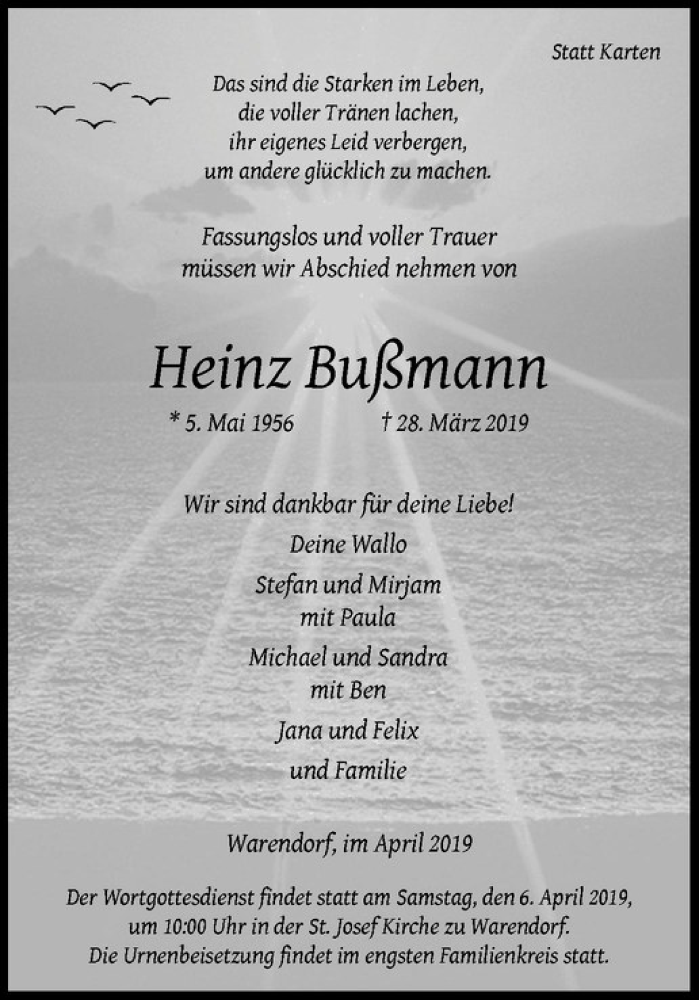  Traueranzeige für Heinz Bußmann vom 03.04.2019 aus Westfälische Nachrichten