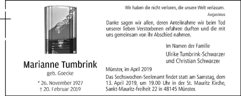  Traueranzeige für Marianne Tumbrink vom 06.04.2019 aus Westfälische Nachrichten
