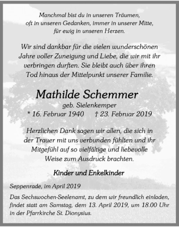 Anzeige von Mathilde Schemmer von Westfälische Nachrichten