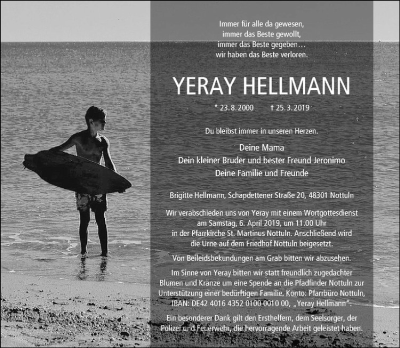  Traueranzeige für Yeray Hellmann vom 03.04.2019 aus Westfälische Nachrichten