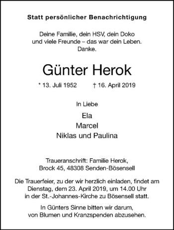 Anzeige von Günter Herok von Westfälische Nachrichten