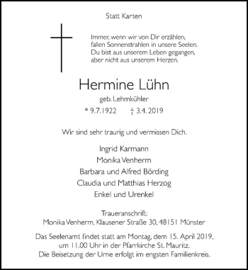 Anzeige von Hermine Lühn von Westfälische Nachrichten
