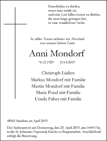 Anzeige von Anni Mondorf von Westfälische Nachrichten