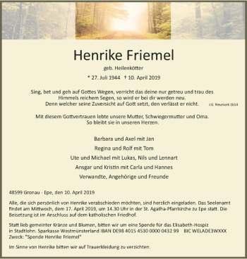 Anzeige von Henrike Friemel von Westfälische Nachrichten