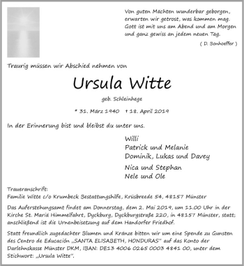 Anzeige von Ursula Witte von Westfälische Nachrichten