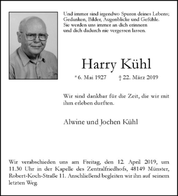 Anzeige von Harry Kühl von Westfälische Nachrichten