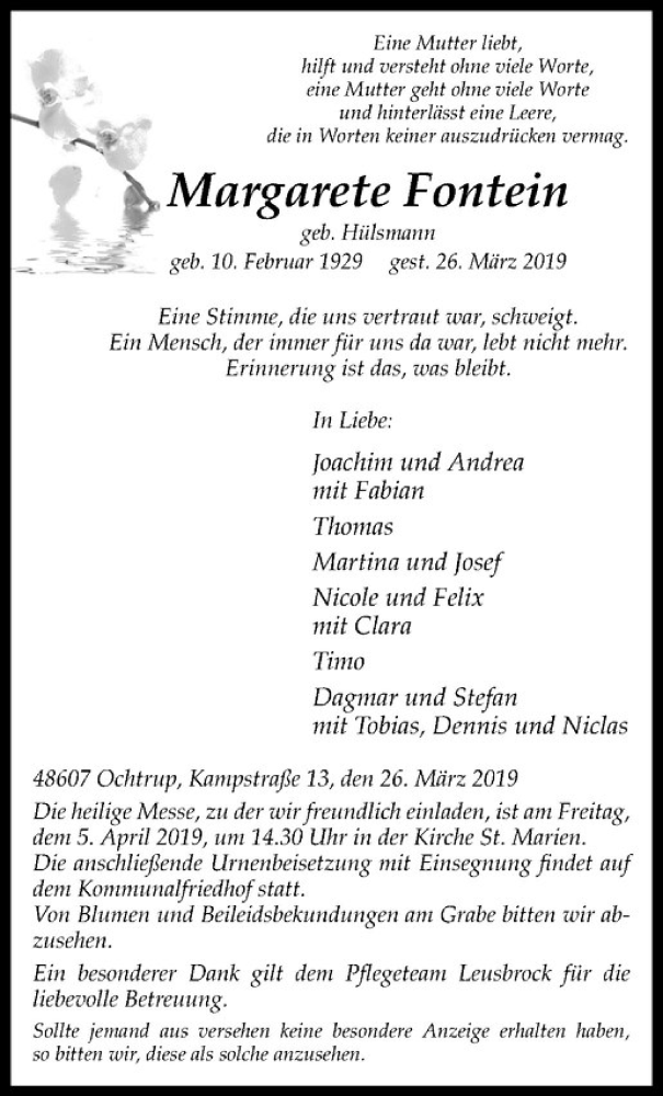 Traueranzeige für Margarete Fontein vom 03.04.2019 aus Westfälische Nachrichten