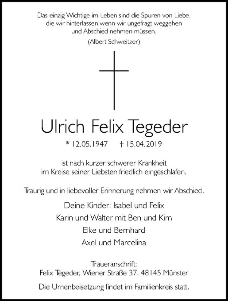  Traueranzeige für Ulrich Felix Tegeder vom 19.04.2019 aus Westfälische Nachrichten